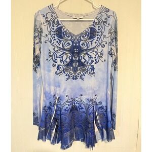 Cover Charge Tunic Top Women S Blue Excellent Mesh Ruffle Scroll Print V-Neck